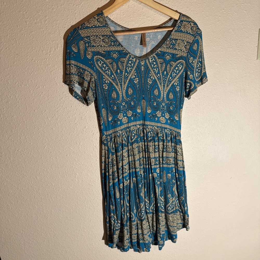 Bohemian Teal Paisley Indie Artsy Flattering Feminine Babydoll Mini Dress Small